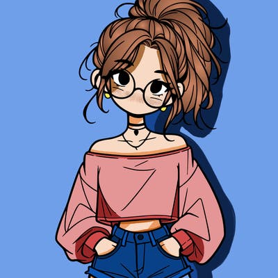 girl with a messy ponytail glasses a baggy crop top and jean shorts