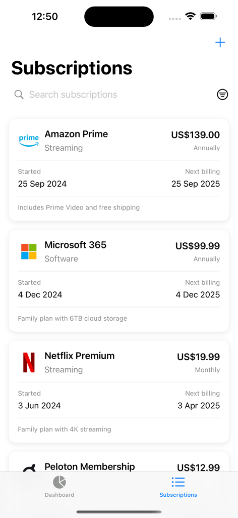 A mobile app screen showing a list of tracked subscriptions including Amazon Prime, Microsoft 365, and Netflix with their respective costs and billing cycles.