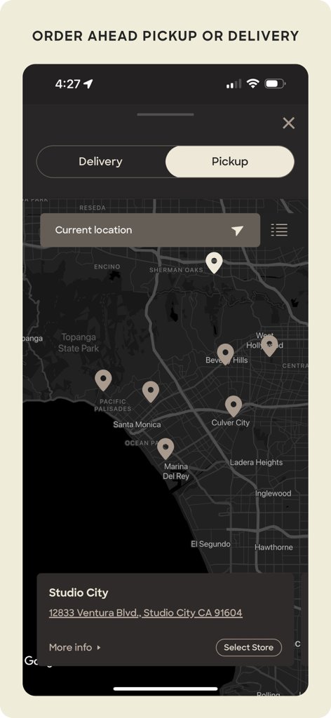 Erewhon - Interface de l'application Erewhon affichant une carte des emplacements des magasins à Los Angeles avec des options de livraison ou de retrait.