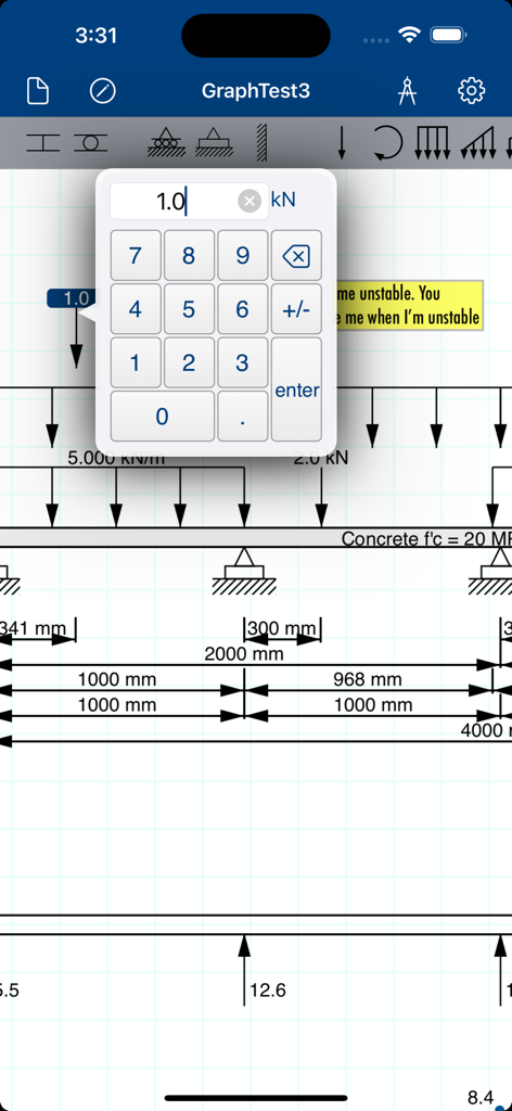iBeams Pro - iBeams Pro interface showing a structural beam diagram with a numeric keypad for load entry.