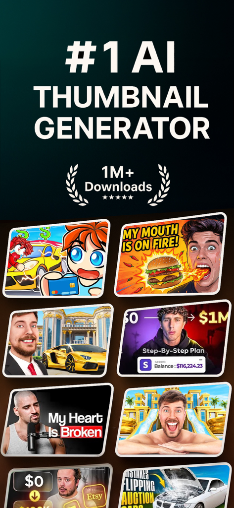 Viralth : Ai Thumbnail Maker - Una colección de miniaturas virales de YouTube creadas con IA que muestran temas de videojuegos, comida y estilo de vida