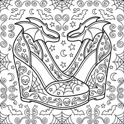 Unleash your creativity with these wonderfully whimsical gothic wedge shoes, specially designed for young artists. This coloring page combines spooky elements like bats and skulls with stylish footwear for a unique coloring experience.
