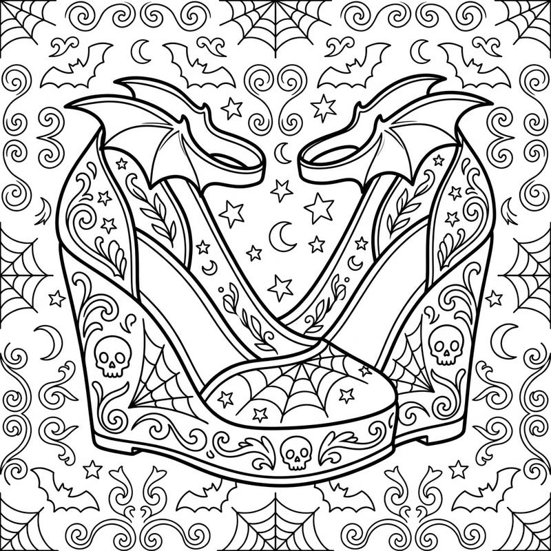 Unleash your creativity with these wonderfully whimsical gothic wedge shoes, specially designed for young artists. This coloring page combines spooky elements like bats and skulls with stylish footwear for a unique coloring experience.
