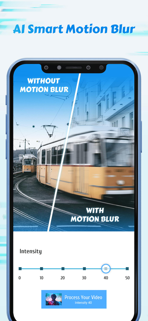Time Cut: Smooth Slow Motion - A split screen comparison showing a tram with and without AI smart motion blur in the Time Cut app