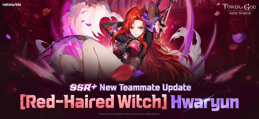 Tower of God: NEW WORLD - Banner promocional de Tower of God New World con el nuevo personaje SSR plus Hwaryun la Bruja Pelirroja