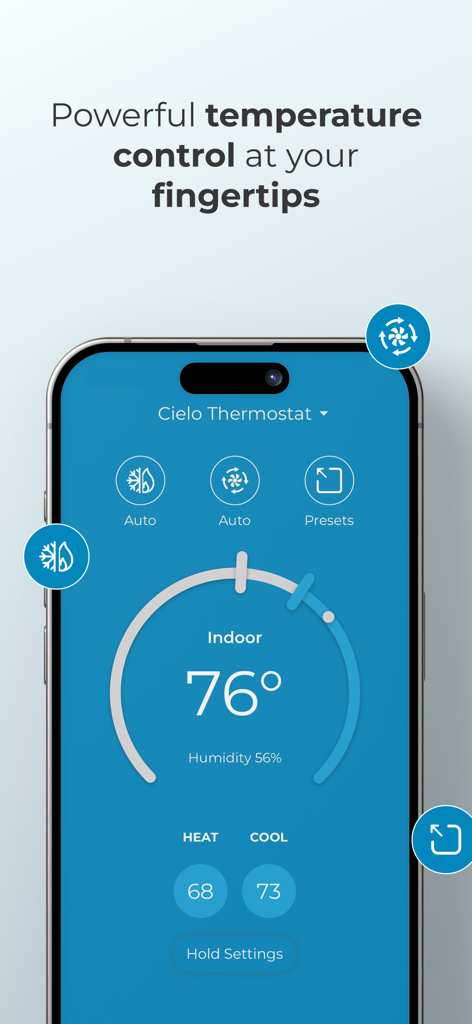 Cielo Home - Interfaz de la aplicación Cielo Home que muestra los ajustes de temperatura y humedad del termostato inteligente