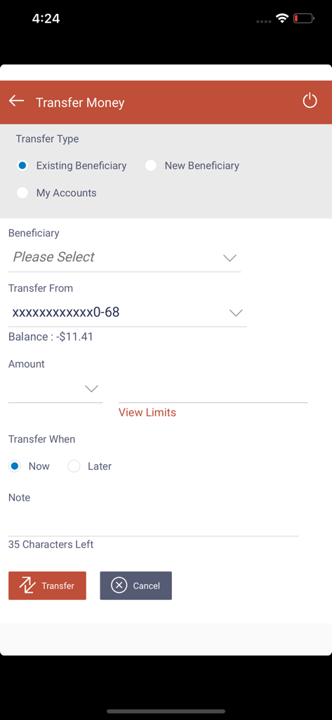 Écran de l'application TMB NetBank pour transférer de l'argent à des bénéficiaires existants ou nouveaux