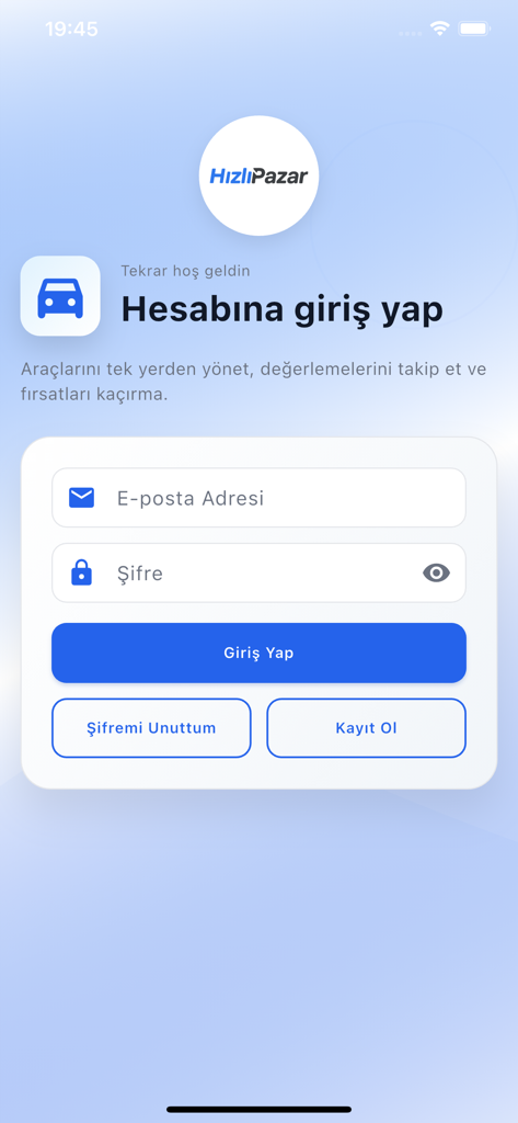 Hızlı Pazar Esnaf - Login screen of the Hizli Pazar Esnaf mobile app for vehicle trading