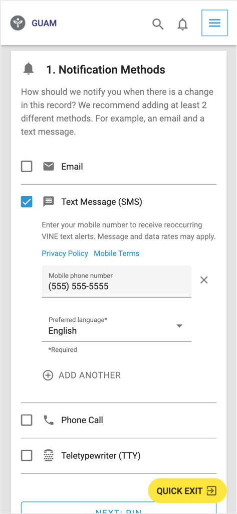 VINELink - Setup screen for choosing notification methods in the VINELink app including text message and email options.