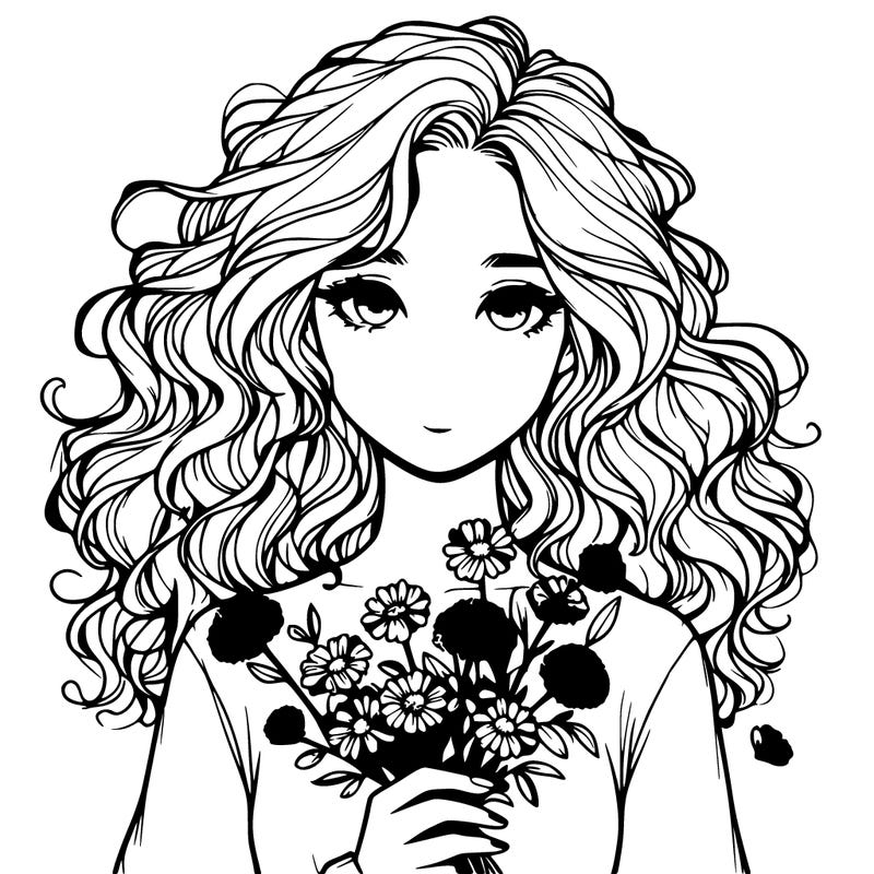 realisitc girl with wavy hair holding flowers