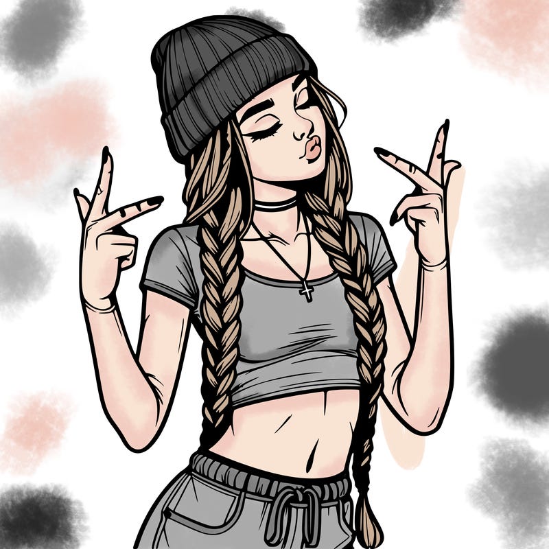 realistic teenage girl with braids and a beanie and crop top doing 🫶🏼