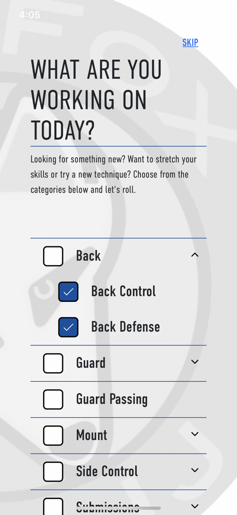 Silver Fox BJJ app screen showing a list of training categories including back control guard and mount