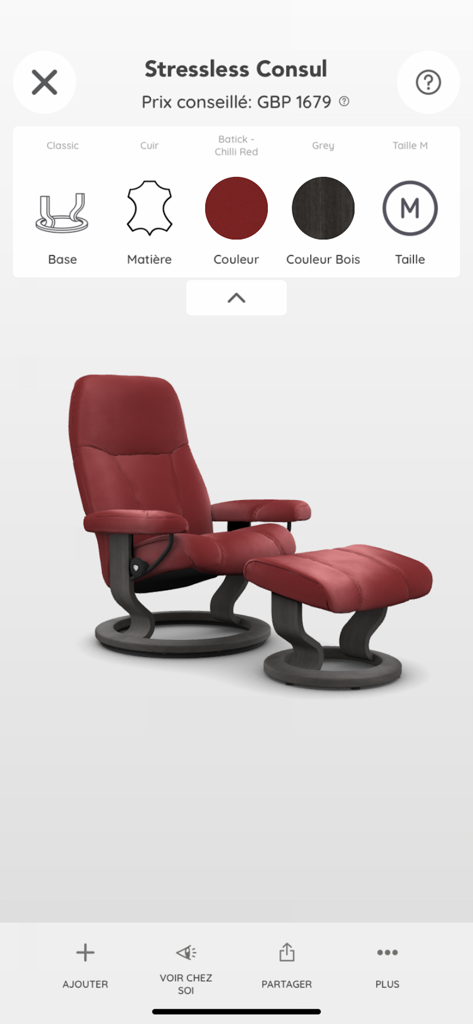 Stressless @home - Ein Anpassungsbildschirm in der Stressless @home App, der einen roten Ledersessel vom Typ Consul mit Optionen für das Basismaterial und die Holzfarbe zeigt