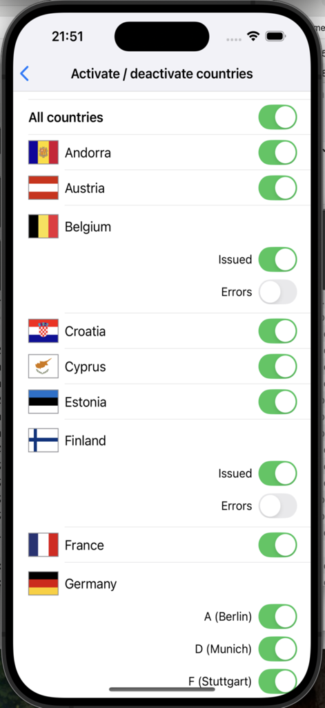 Pantalla de configuración de la colección de monedas de Euro para seleccionar países y casas de moneda
