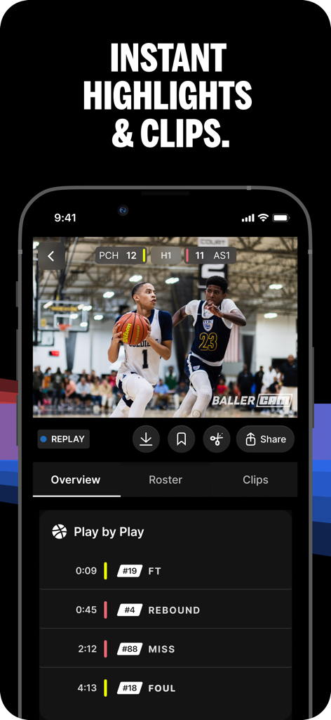 BallerCam app interface showing a basketball game replay with a play by play log and sharing options