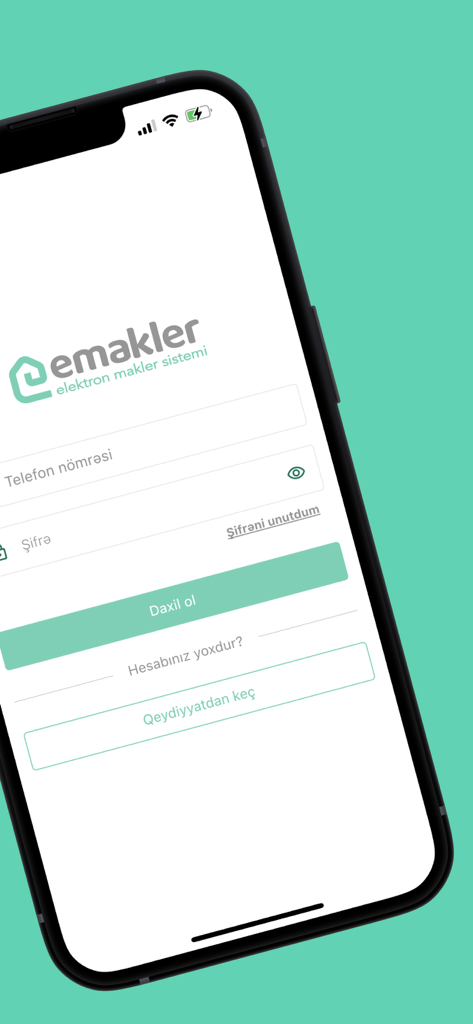 eMakler - The login screen of the eMakler mobile app featuring phone number and password entry fields for real estate users.