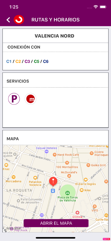 Renfe Cercanias - L'application Renfe Cercanias affiche les correspondances ferroviaires et le plan de situation de la gare de Valence Nord.