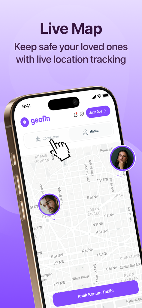 Geofin: Family Location - Screenshot of the Geofin app showing family member locations on a live map