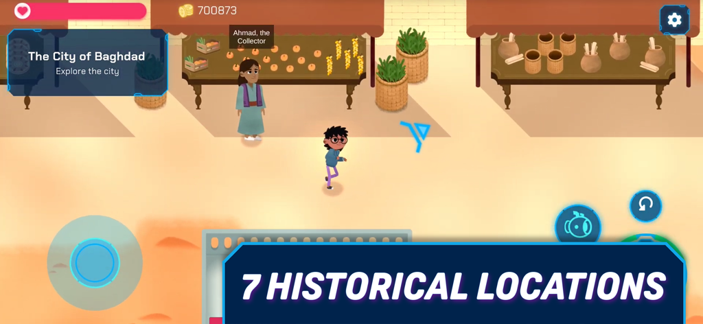 Time Hoppers - A character exploring the historical City of Baghdad marketplace in the Time Hoppers mobile game.