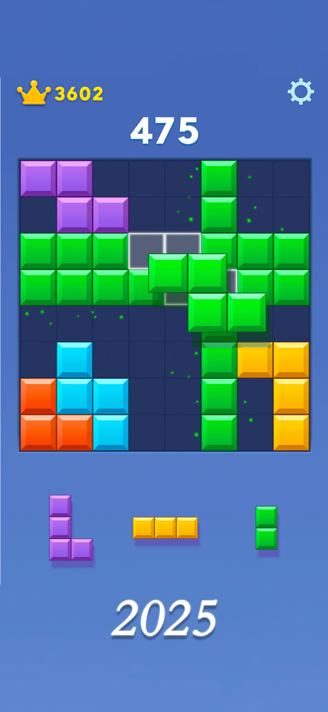 블록 블라스트 퍼즐 게임의 게임 플레이, 그리드 위에 다채로운 블록이 있음