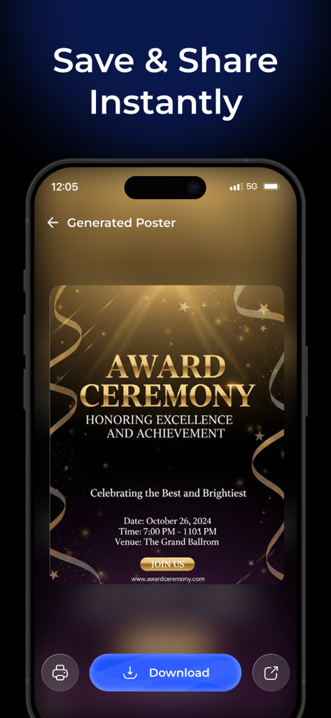 Interface do Flyra AI Poster Maker exibindo um folheto de cerimônia de premiação gerado com um botão de download.