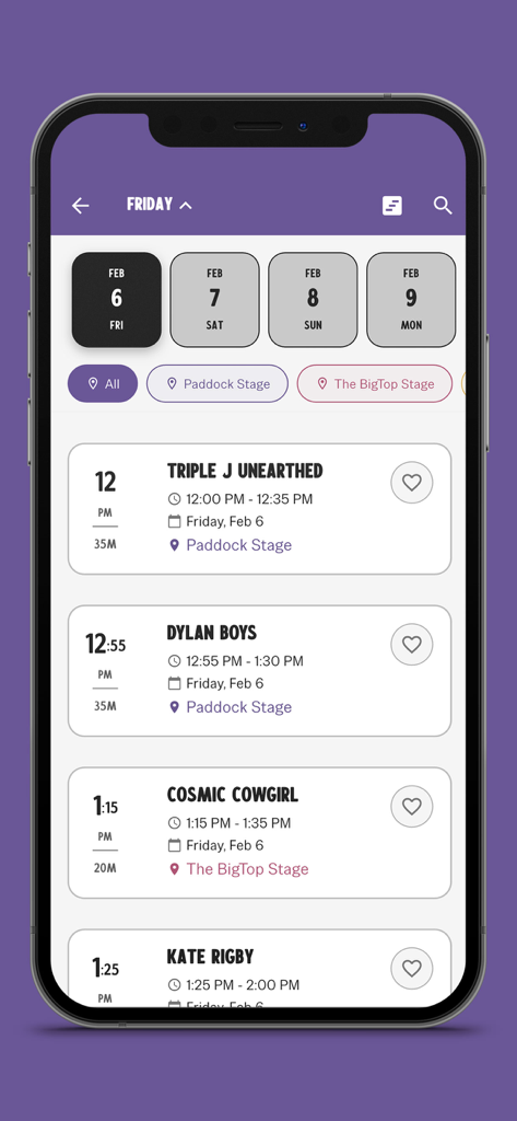 Party in the Paddock - Mobile app screen showing the music festival daily schedule with artist names set times and stage locations