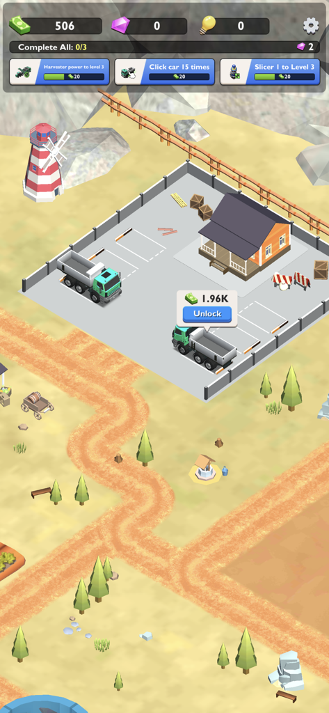 Vista cenital del patio de una fábrica de patatas fritas con camiones y tareas de mejora en Idle Chips Tycoon