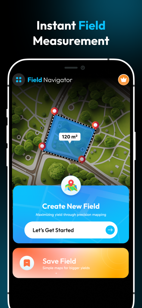 Field Navigator : Land Measure - Interfaz de la aplicación Field Navigator que muestra mapeo de terreno por satélite y medición de área de 120 metros cuadrados
