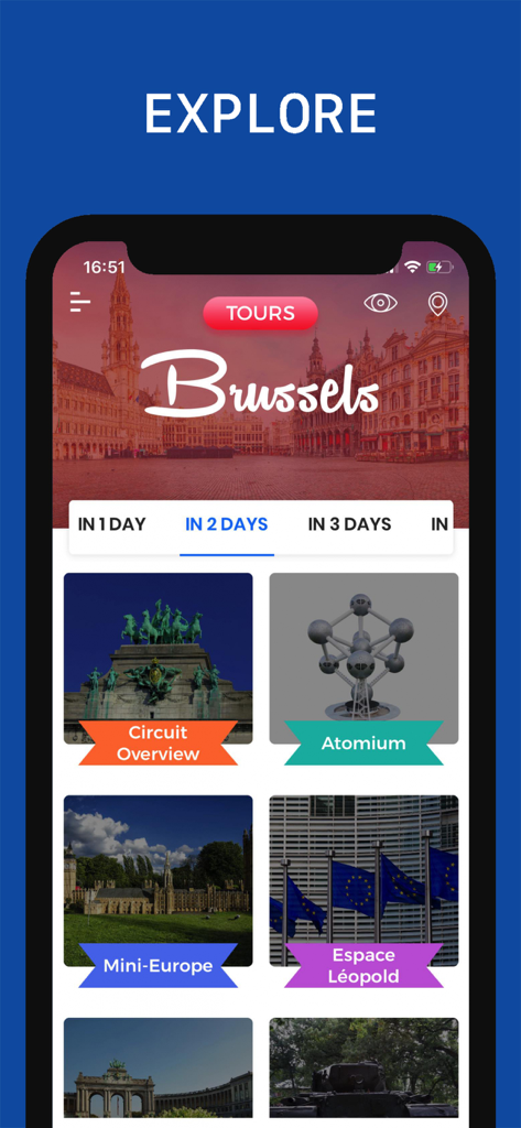 Brussels Travel Guide . - 여행 일정과 지역 랜드마크를 보여주는 브뤼셀 여행 가이드 앱 인터페이스