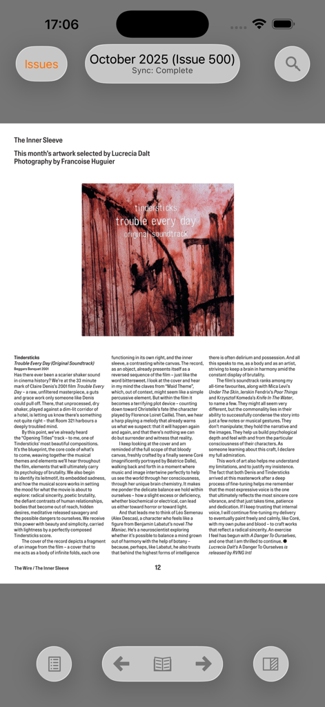 The Wire - Eine digitale Seite aus der The Wire Magazin-App, die einen Artikel über Avantgarde-Musik und Albumcover zeigt.