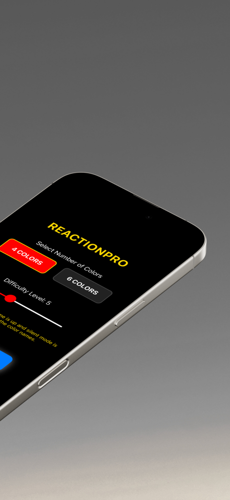 ReactionPro - ReactionPro 모바일 앱 화면으로 민첩성 훈련을 위해 4가지 또는 6가지 색상 선택 및 난이도 조절 옵션 표시