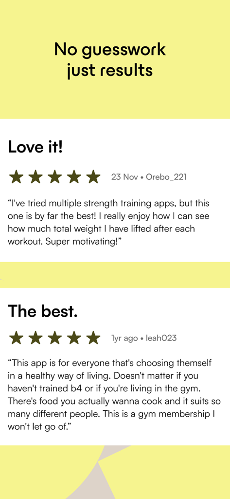 Five star user reviews and testimonials for the OWNU strength training app.