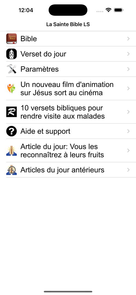 La Sainte Bible LS - Écran du menu principal de l'application mobile La Sainte Bible LS présentant les options de lecture quotidienne des versets et articles bibliques.