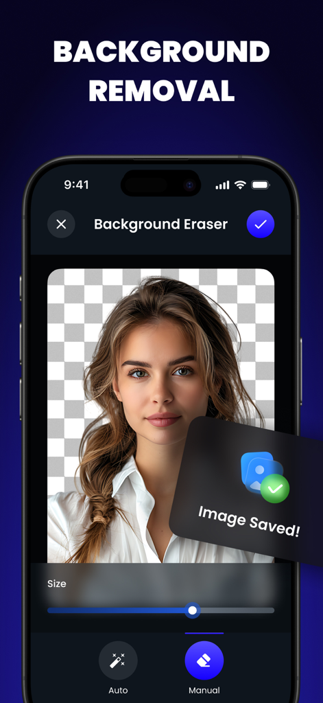 Watermark Maker・Eraser Objects - Una pantalla de aplicación móvil que muestra el retrato de una mujer con el fondo eliminado con éxito y reemplazado por una cuadrícula transparente.
