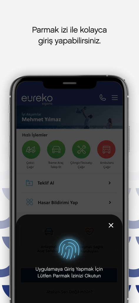Eureko Sigorta app interface featuring a secure fingerprint biometric login prompt