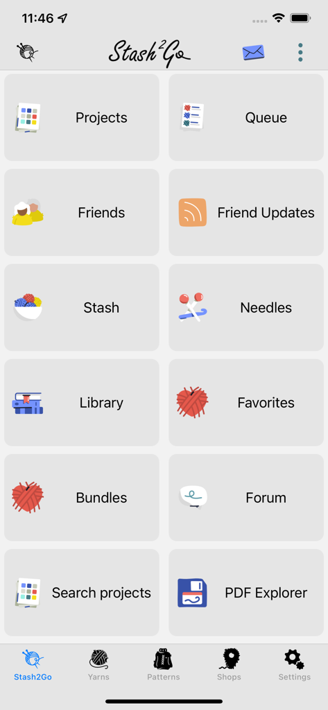 Stash2Go - Tela principal do aplicativo Stash2Go com ícones para projetos, estoque, agulhas e biblioteca