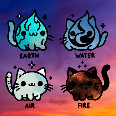 4 cats that represent the different elements, earth, water, air, and fire