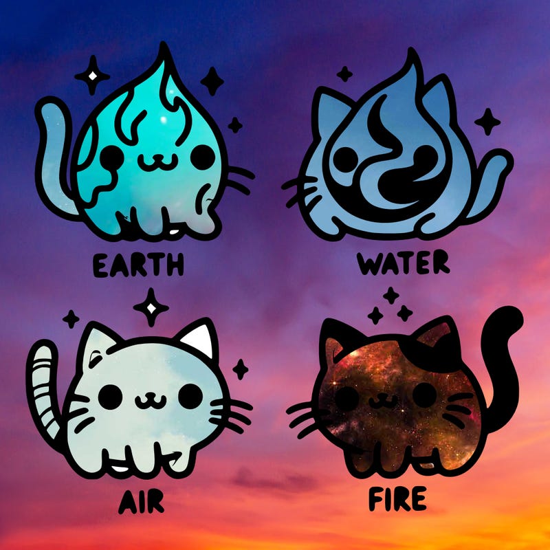 4 cats that represent the different elements, earth, water, air, and fire
