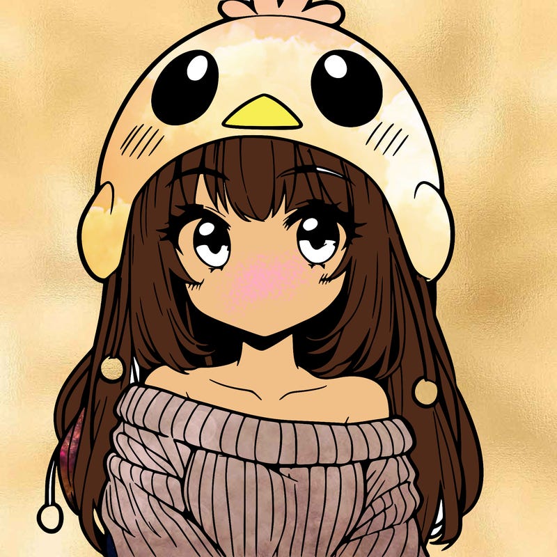 anime girl with chick shaped hat with sweater with bare shoulders with bangs covering them one eye with low tail