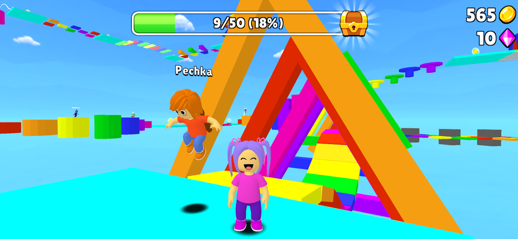 Two characters navigating a vibrant and colorful obby parkour obstacle course.