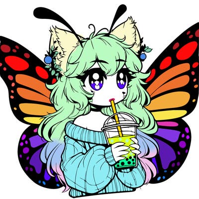 a realistic butterfly/furry girl drinking boba