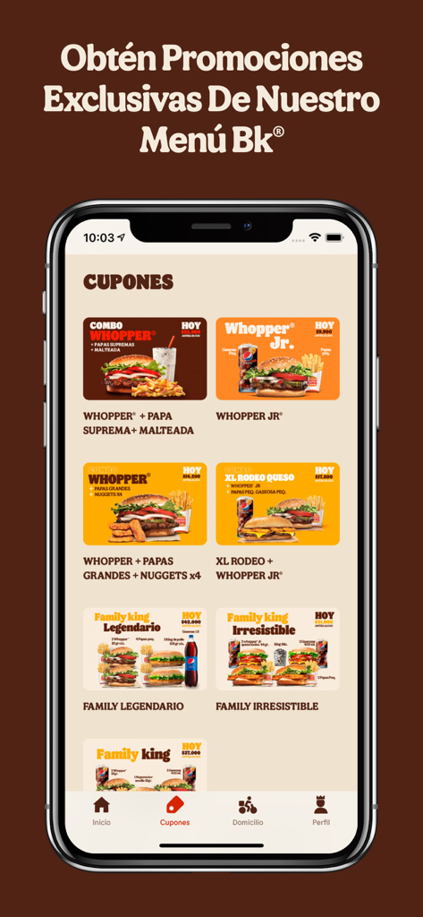 Burger King® Colombia - Burger King Kolumbien App-Oberfläche, die eine Vielzahl von digitalen Gutscheinen und Menüangeboten anzeigt