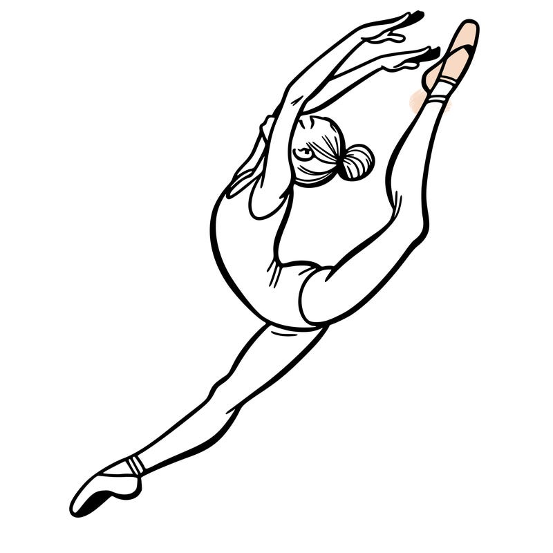 gymnast doing a leap in a leotard with a bent back leg