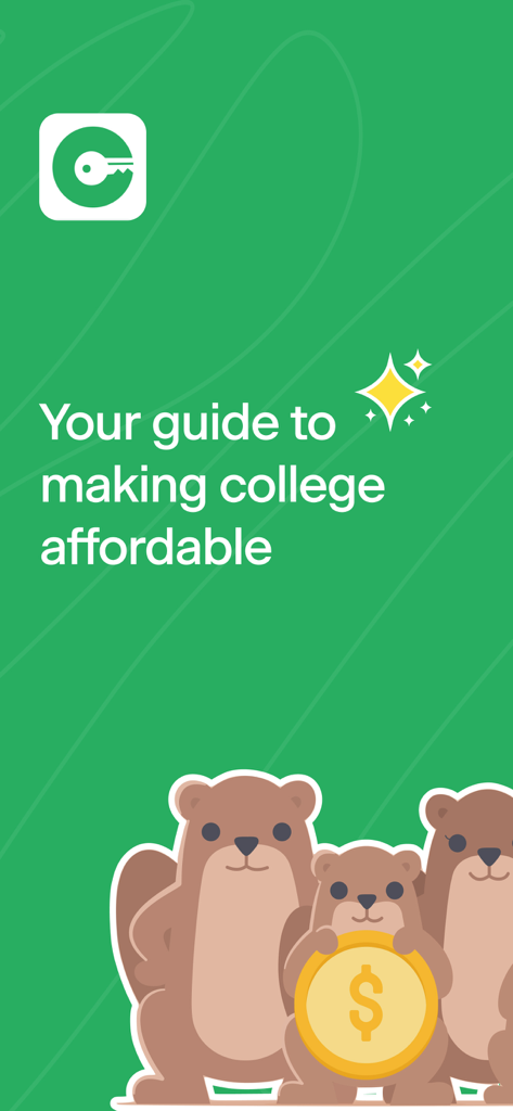 Going Merry app welcome screen featuring squirrel mascots and the text Your guide to making college affordable