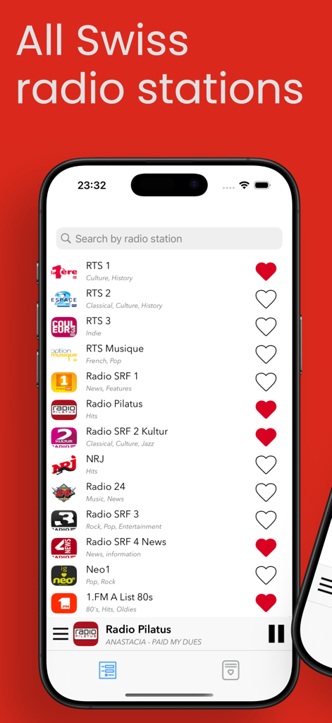 Die Hauptoberfläche der Radio Schweiz App mit einer Vielzahl von Schweizer Radiosendern und einer Suchleiste.