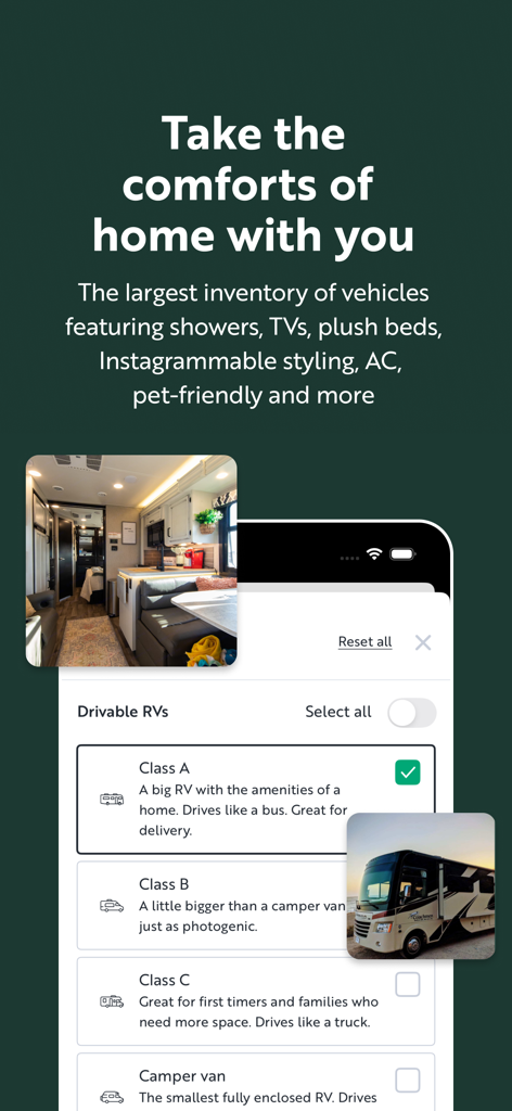 Outdoorsy - Rent an RV - Outdoorsy app screenshot showing RV rental options and vehicle types like Class A and Class B motorhomes