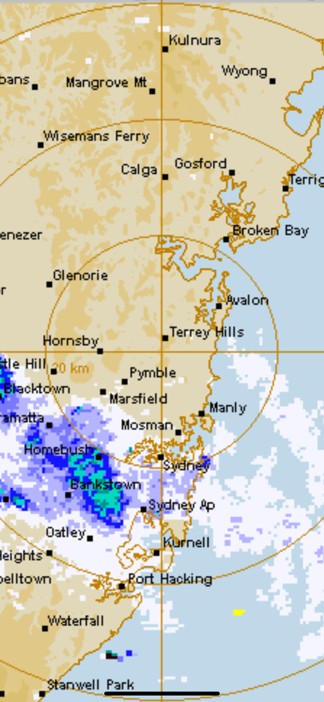 AUS Radar: WeatherAlert - Interactive weather radar map of Sydney Australia showing precipitation levels and coastal locations.
