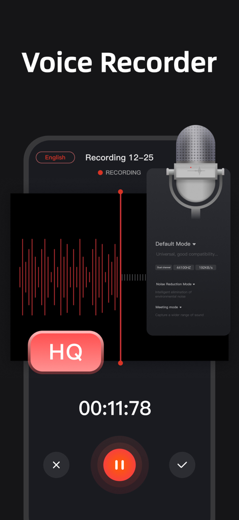 Voice Recorder - Transcript - Interfaz de la aplicación de grabadora de voz que muestra una forma de onda de sonido y modos de grabación de alta calidad