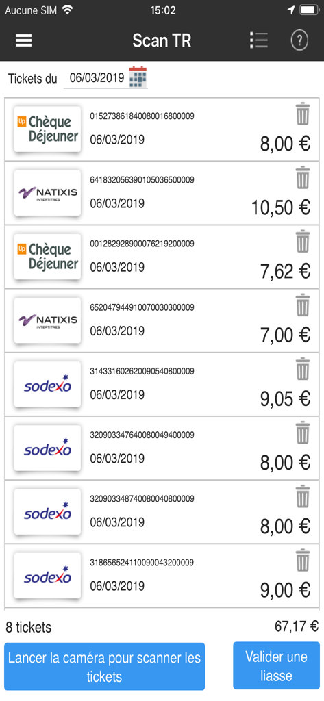 Liste der gescannten Restaurantgutscheine und Gesamtbetrag in der Scan TR App