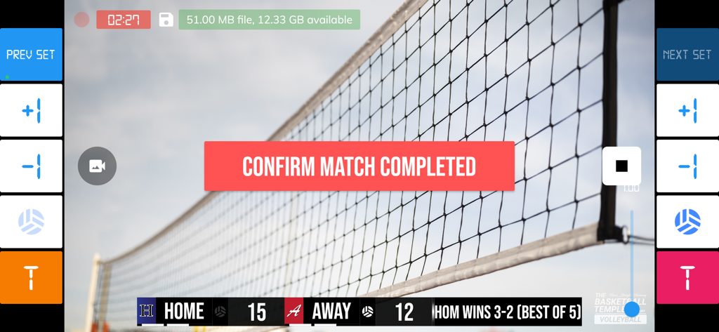 BT Volleyball Camera - BT Volleyball Camera app interface showing the match completion screen with a professional score overlay.
